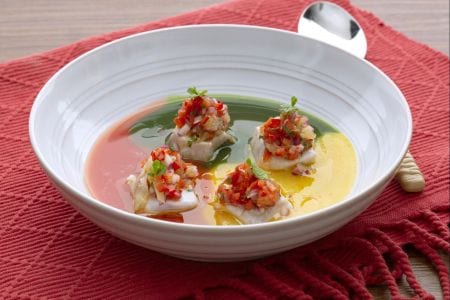 Ceviche de sériole avec purée de tomates cerises