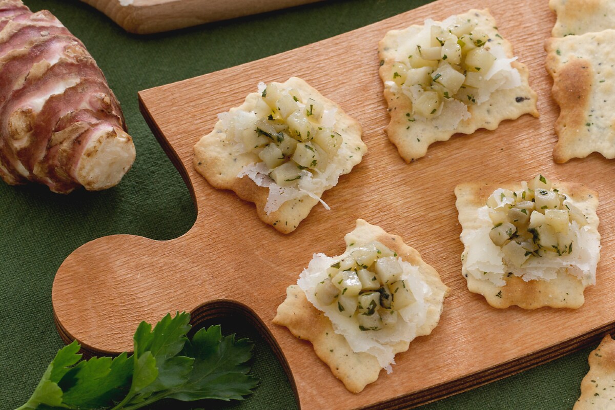 Feuilletés aux olives avec topinambours et raspadura