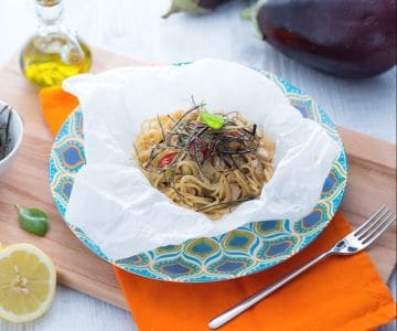 Spaghetti complets terre et mer en papillote