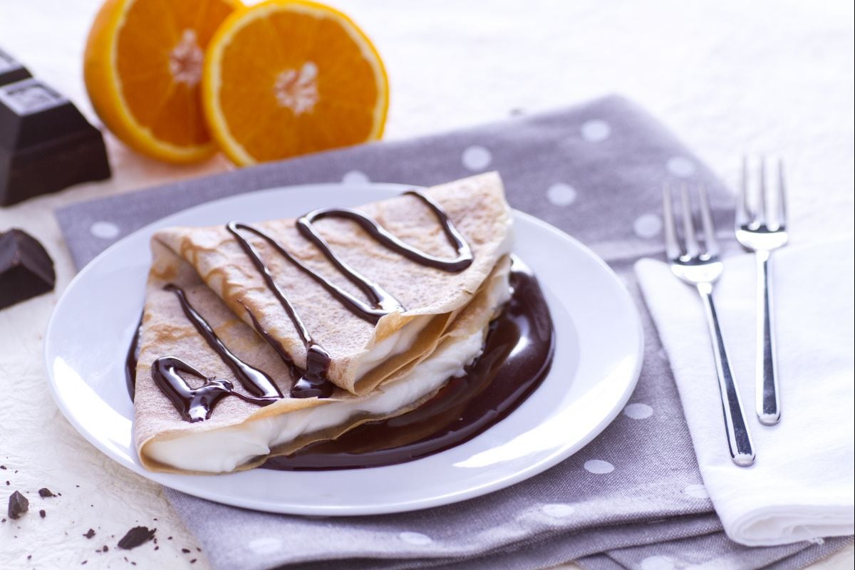 Crêpe à la farine de châtaigne avec mascarpone et ganache au chocolat