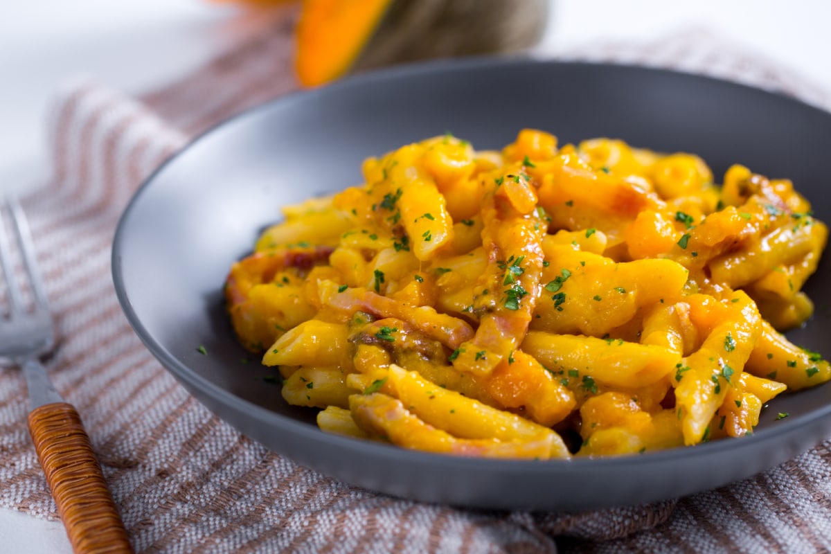 Pâtes à la crème de potiron et guanciale