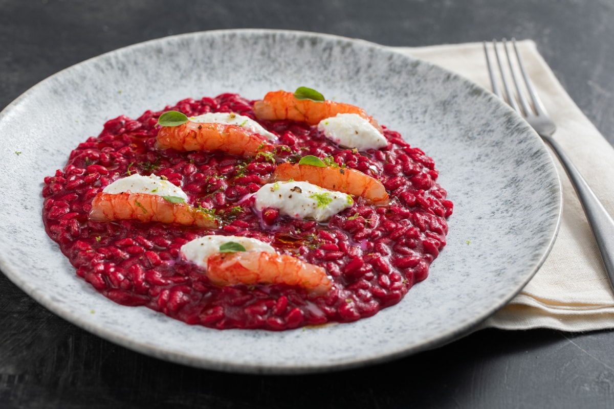 Risotto au champagne, betterave et crevettes