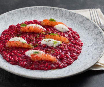Risotto au champagne, betterave et crevettes