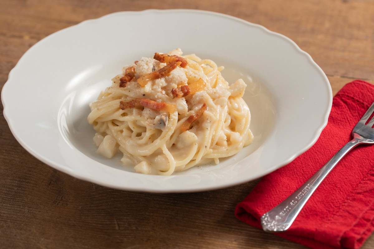 Tonnarelli à la gricia avec morue