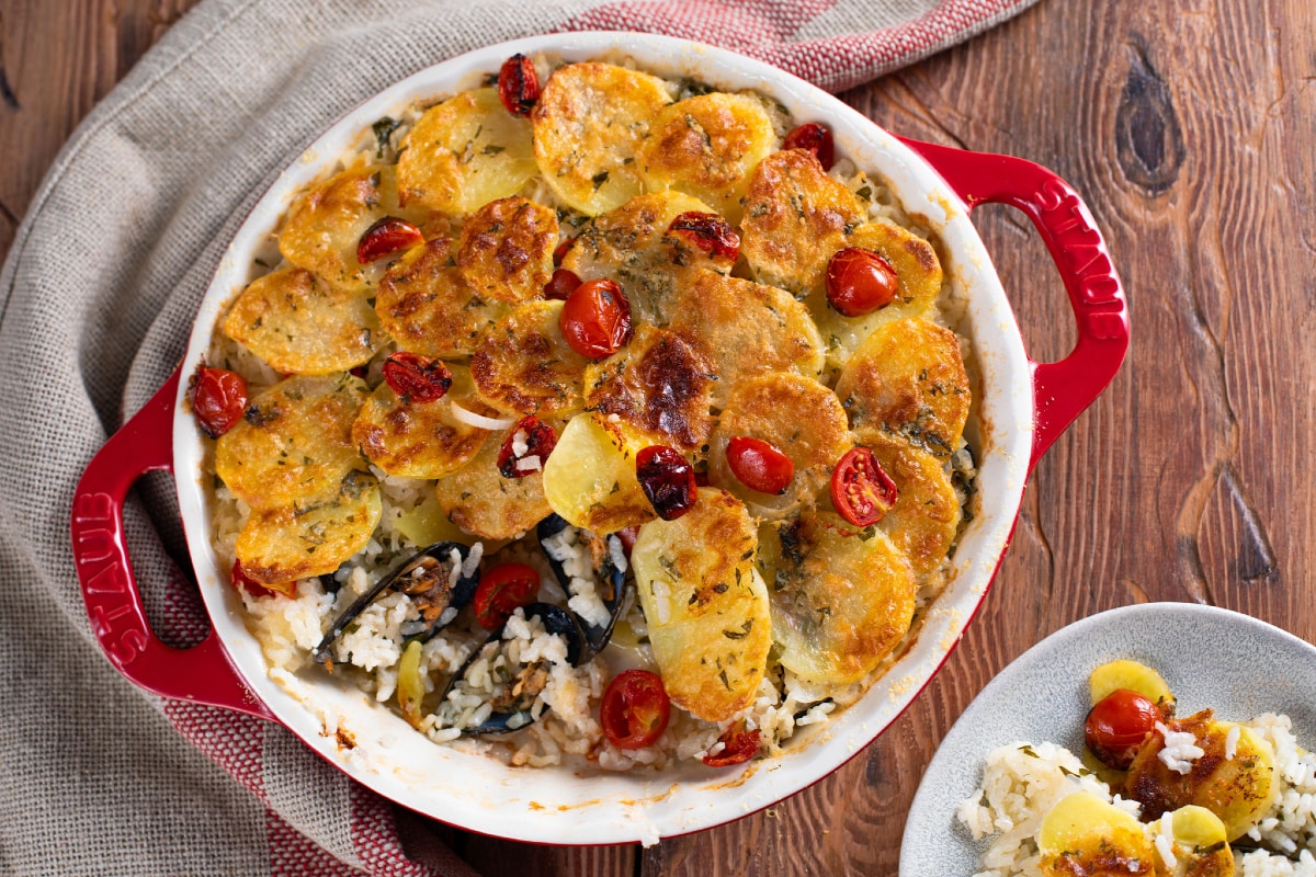Tiella barese (riso patate e cozze)