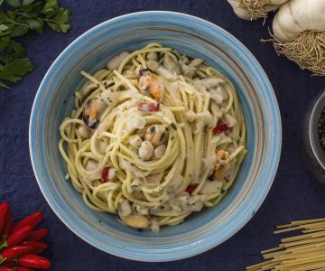 Spaghetti aux haricots et moules