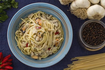 Spaghetti aux haricots et moules