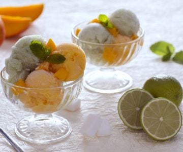 Sorbet à la mangue, citron vert et menthe au gingembre