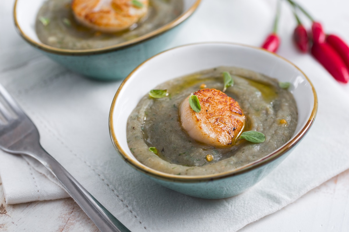 Coquilles Saint-Jacques sur crème d'artichauts et herbes aromatiques