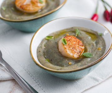 Coquilles Saint-Jacques sur crème d'artichauts et herbes aromatiques