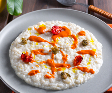Risotto à la burrata, câpres et tomates cerises