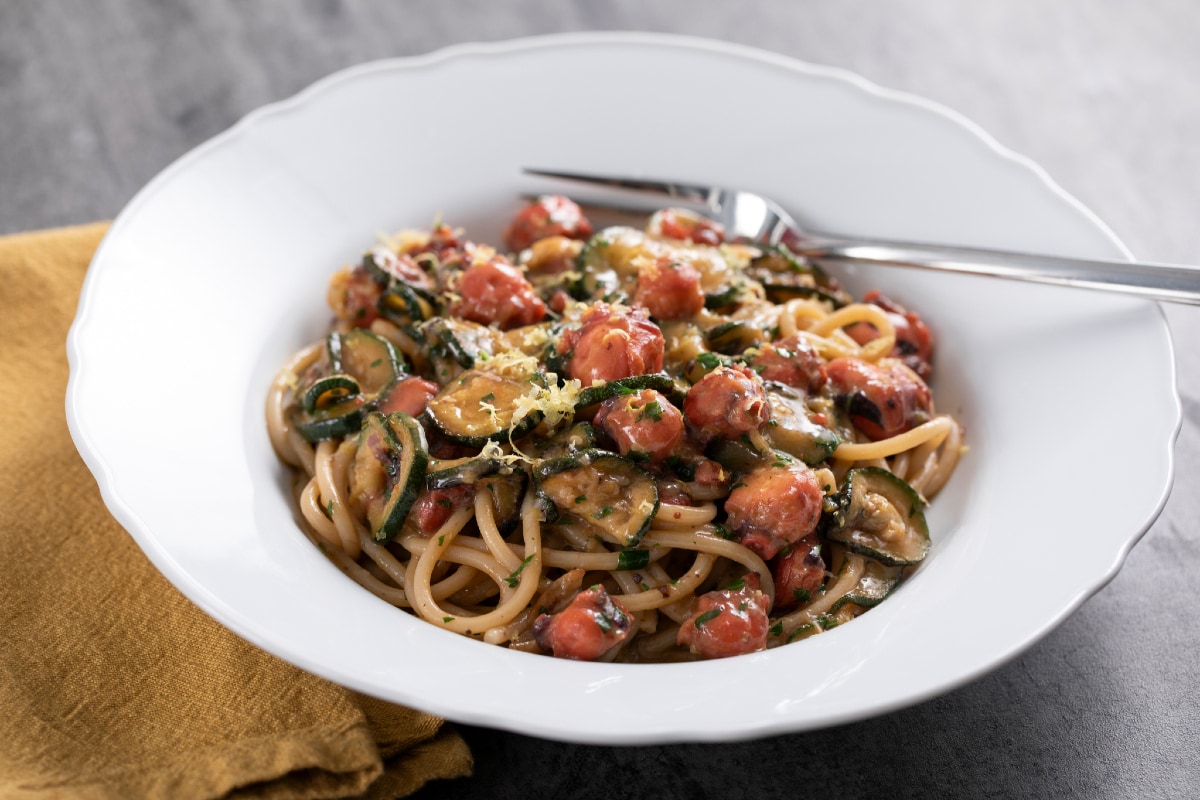 Pâtes au poulpe et courgettes