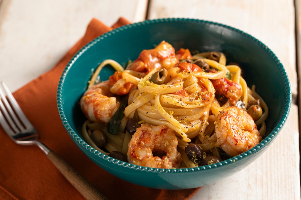 Linguine aux gambas, tomates cerises et citron