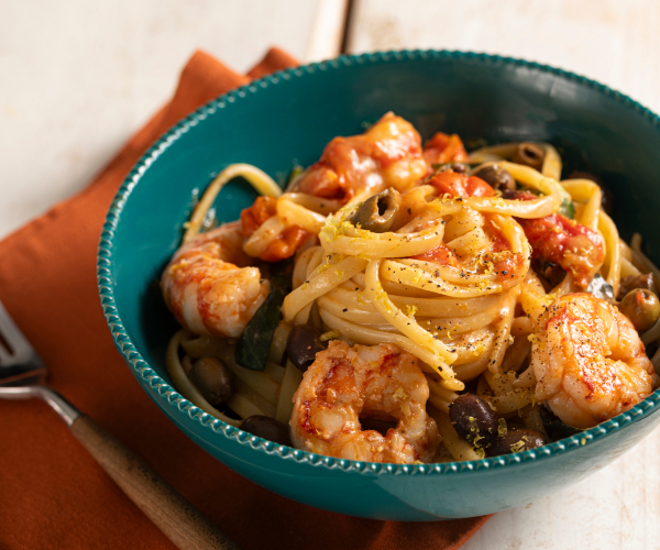 Linguine aux gambas, tomates cerises et citron