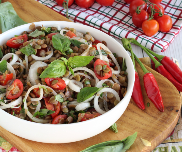 Salade de lentilles, tomates et oignons nouveaux