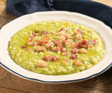Risotto à la crème de petits pois, taleggio et pancetta