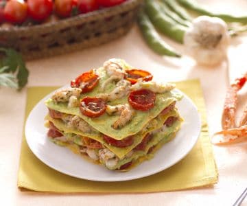 Lasagnes aux langoustines, tomates cerises et pesto de fèves
