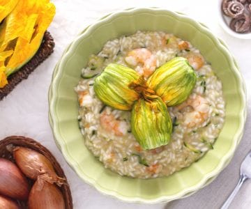 Risotto aux crevettes, courgettes et fleurs de courgette