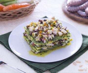Lasagnes vertes avec pesto de roquette et ragoût de poulpe