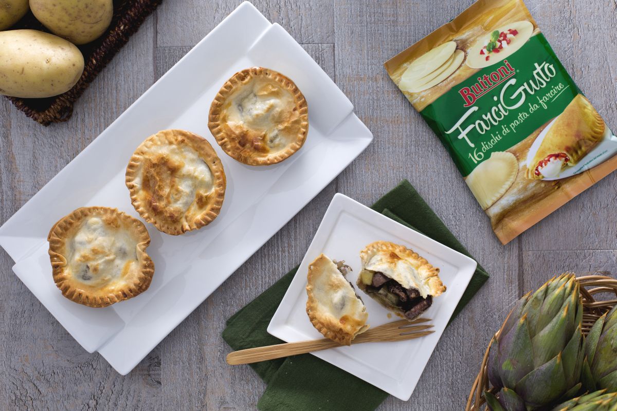 Mini tourte de boeuf, pommes de terre et artichauts