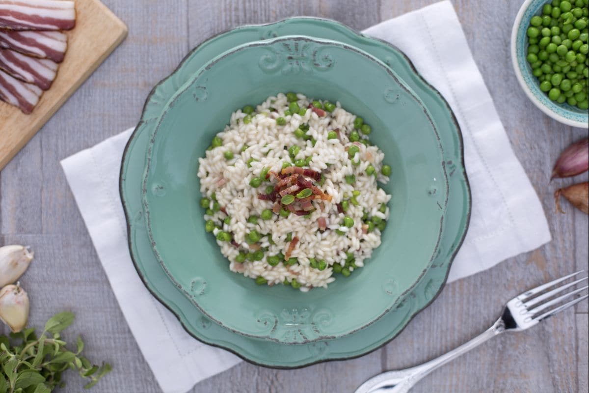 Risotto aux petits pois, pancetta et marjolaine