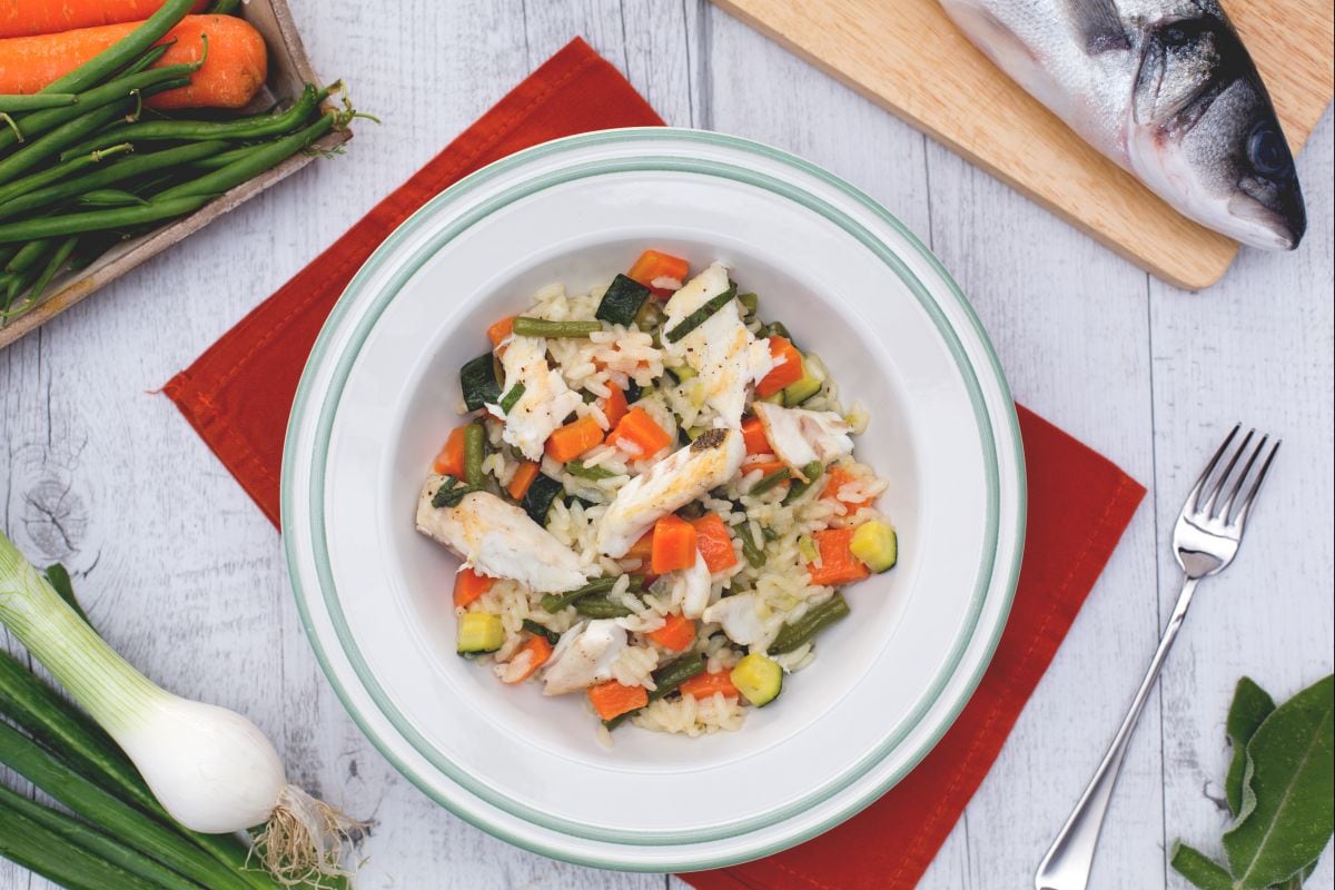 Risotto au ragoût de légumes et bar poêlé à la sauge