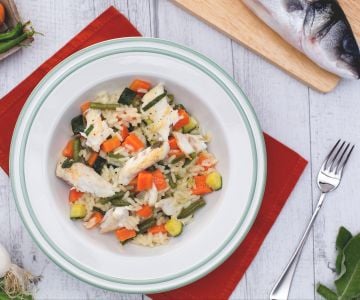 Risotto au ragoût de légumes et bar poêlé à la sauge