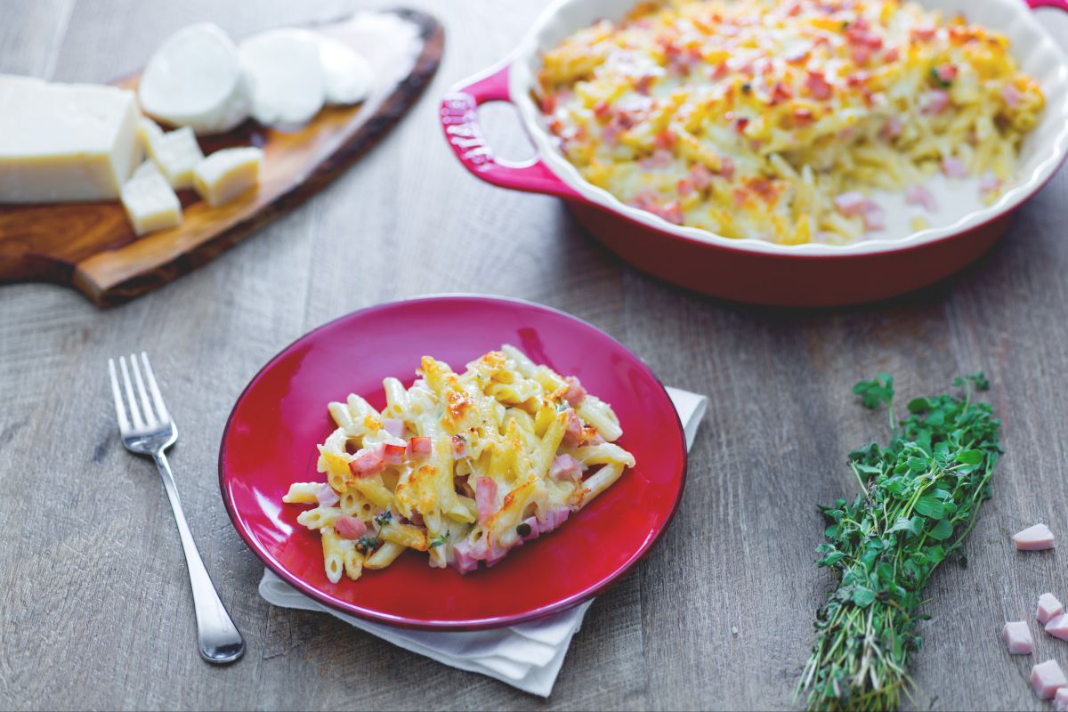 Gratin de mini penne avec jambon et mozzarella