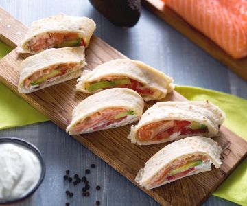 Roulés de galette avec saumon, avocat et crème au yaourt