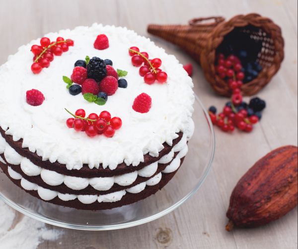 Gâteau à étages au chocolat avec crème et fruits des bois