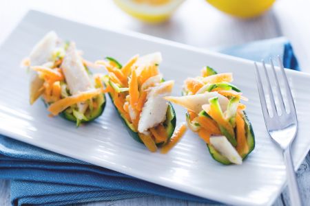 Courgettes farcies avec bar sauvage fumé