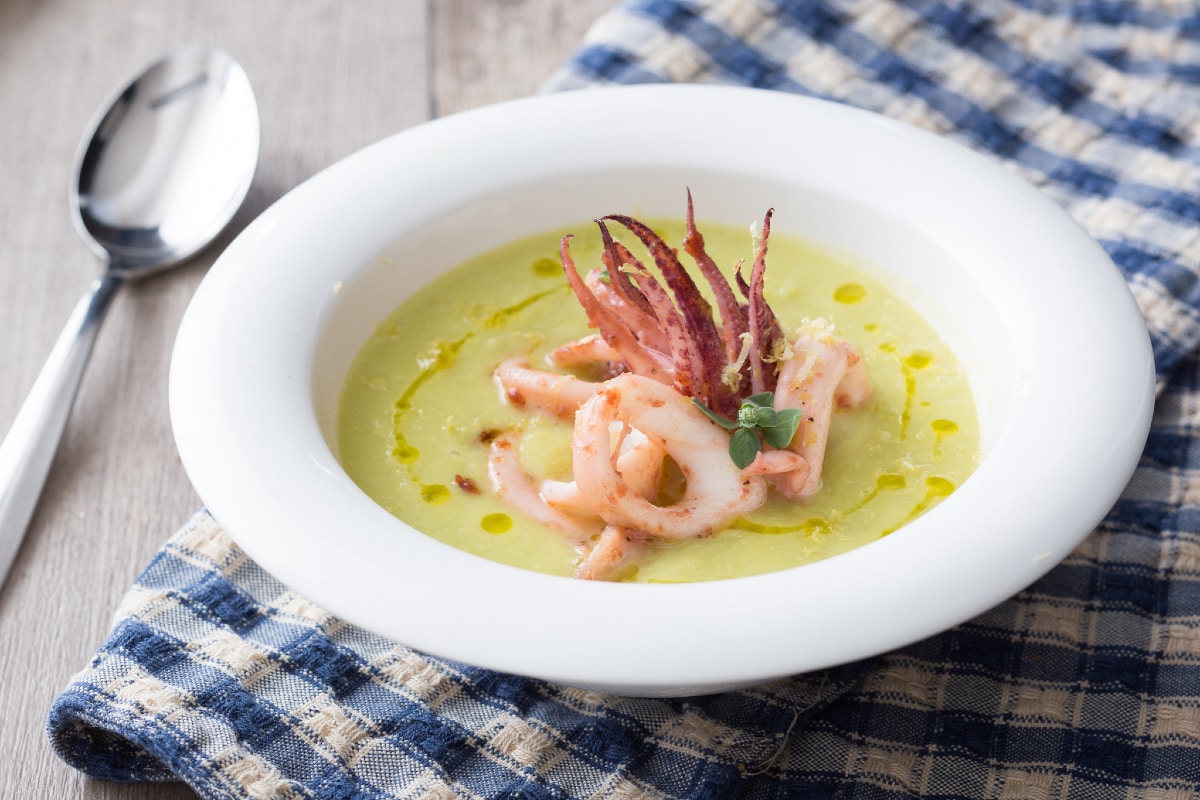 Crème de courgettes trompette et calamars